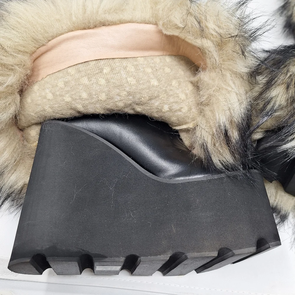 Dolls Kill Club Exx Knee High Fur Wedge Platform Boots Black Tan Studs Buckles